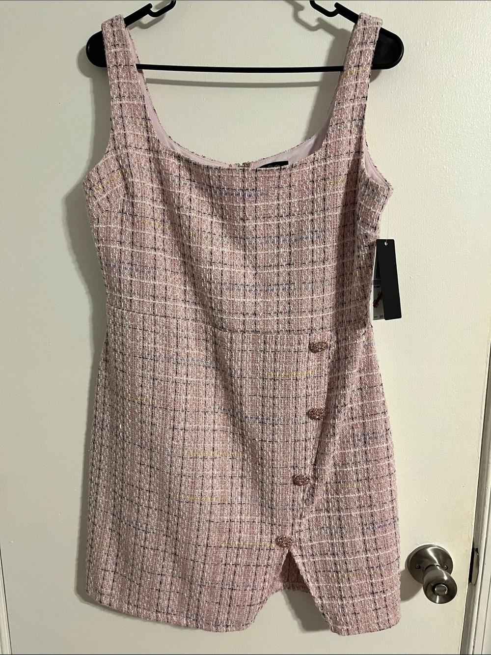 City Studio Pink Tweed Mini Dress with Button Accent